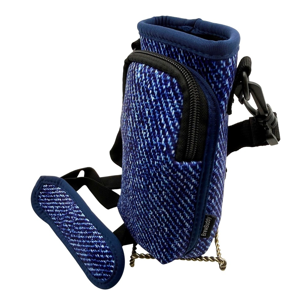 BrewBuddy Neoprene Insulated Bottle Holder‎ Sling Bag Zip Pocket Denim Print